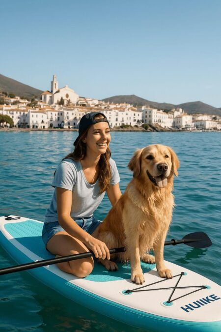 mujer encima de paddle surf hinchable con su perro golden retriever en la bahía de Cadaqués en la Costa Brava