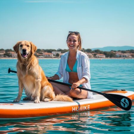 chica practicando paddle surf con su perro en la Costa Brava